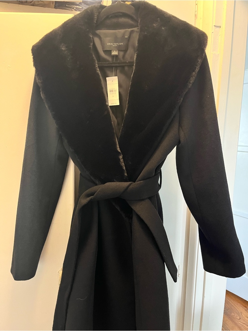 Ann Taylor Black Wrap Trench Coat with Faux-Fur Shawl Collar